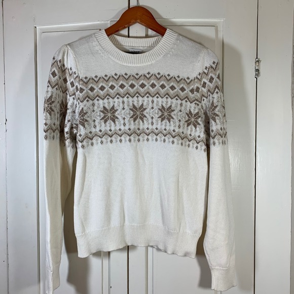 J. Crew Fair Isle Sweater Womens Medium Snowflake Pattern Crew Neck Winter White - Picture 1 of 14